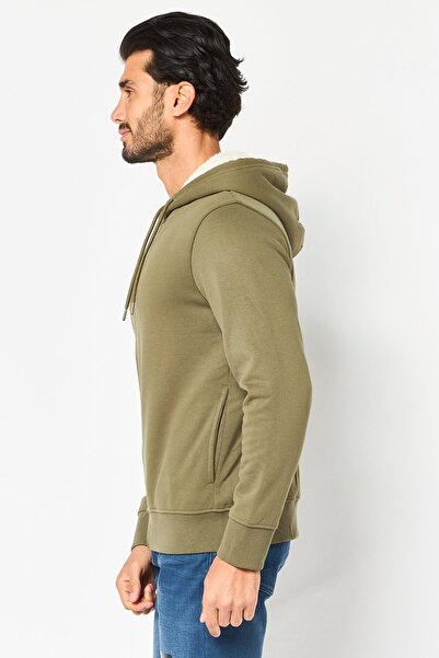 CELIO Men Solid Long Sleeve Hooded Sweatshirts, Olive