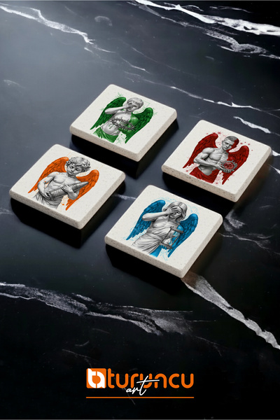 Turuncu Sticker Shadow Wings Series Natural Stone Coaster Set, Home and Office Use 10X10Cm