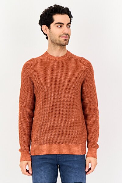 CELIO Men Crew Neck Knitted Long Sleeve Sweater, Orange