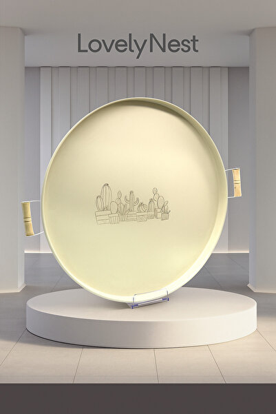 LovelyNest Ahşap Kulplu Kaktüs Desenli Metal Çay Kahve Tepsisi