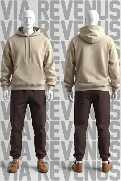 Vordevia Unprinted Plain Hooded Sweatshirt and Sweatpants Unisex Cotton Sports Set