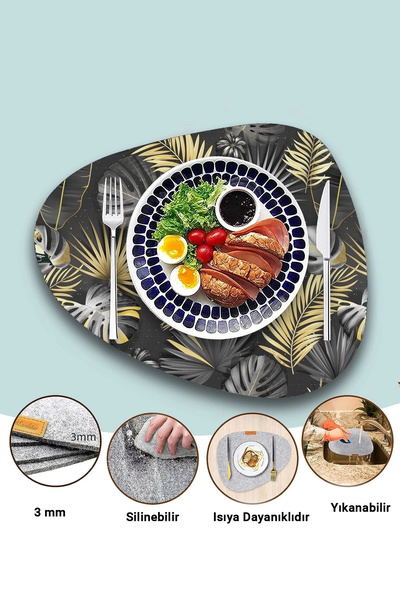 Valerine Life Gray Gold Palm Leaf Patterned American Leather Non-Slip Washable Placemat 12 Pieces for 6 People