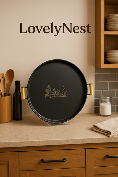 LovelyNest Ahşap Kulplu Kaktüs Desenli 37 cm metal tepsi
