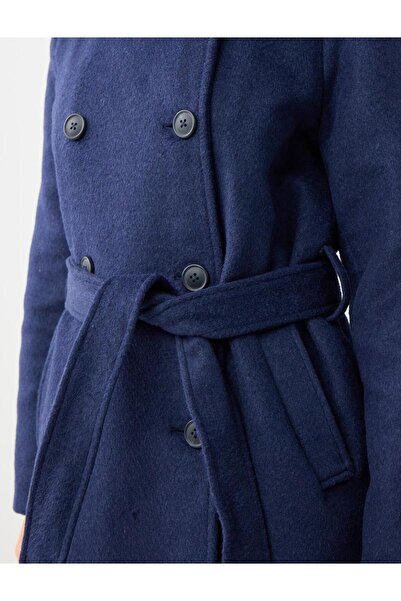 Jimmy Key Navy Blue Double-Breasted Collar Belt Detailed Cashmere Coat