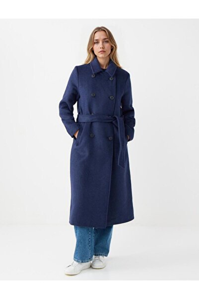 Jimmy Key Navy Blue Double-Breasted Collar Belt Detailed Cashmere Coat