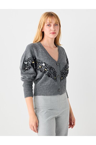 Jimmy Key Gray Long Sleeve Stone Embroidered Buttoned Knitwear Cardigan