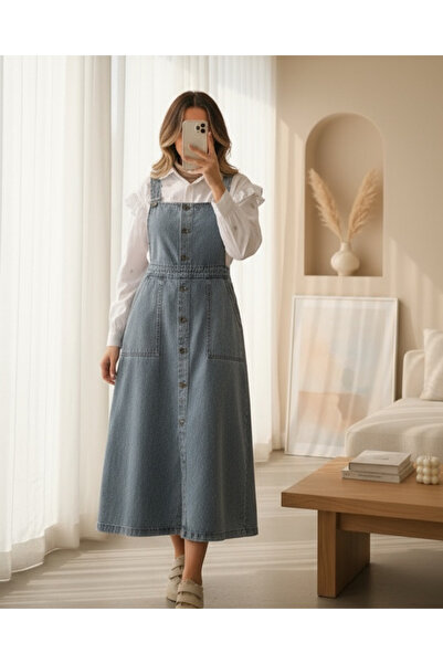 MissRunin Boydan Düğmeli Çift Cepli Kot Salopet