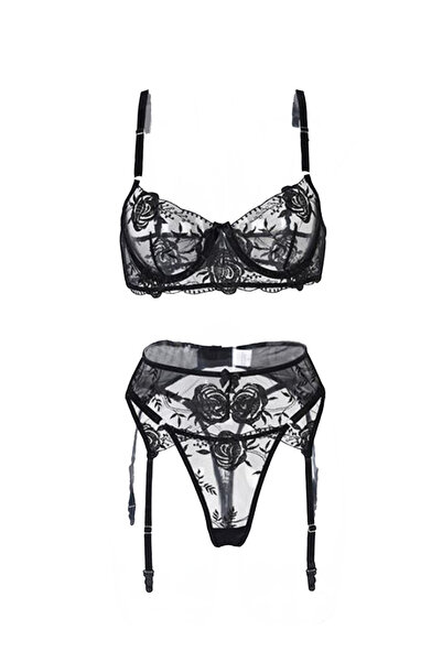 JInsh High-end Elegant Lady Floral Embroidery Fashionable Black Charm Lace Women Lingerie Set