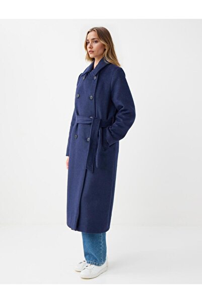 Jimmy Key Navy Blue Double-Breasted Collar Belt Detailed Cashmere Coat
