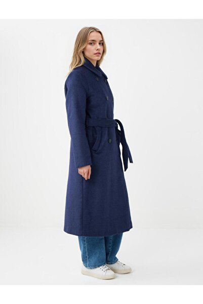 Jimmy Key Navy Blue Double-Breasted Collar Belt Detailed Cashmere Coat