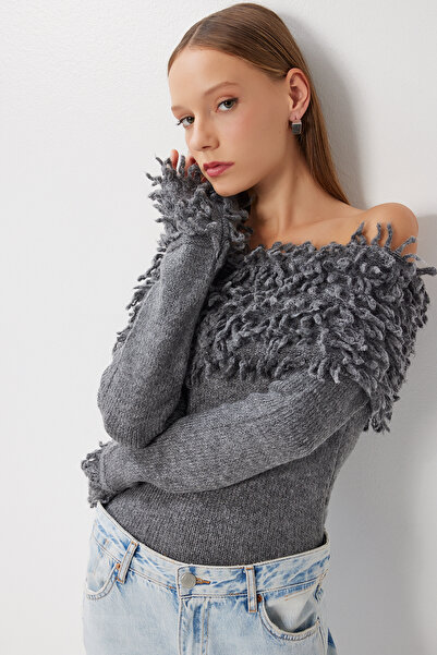 Lovelyİstanbul Πουλόβερ Carmen Yaka Με κρόσσια Πλεκτό LMT0033 ΑΝΘΡΑΚΙΤ