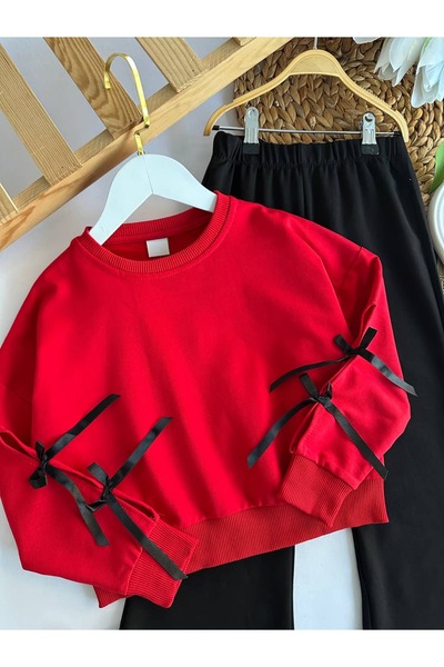 minnoşkidsbutik Kız Çocuk Kırmızı Fiyonklu İspanyol Paça 2’li Takım