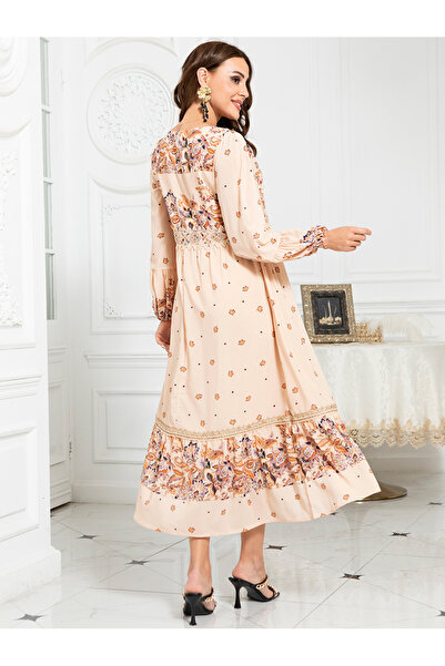 FridayIn Classical Round neck Starry sky Flowers Sequins Embroidery lace Lining Puff sleeve Mid Dresses