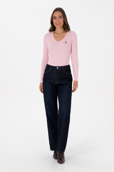 U.S. Polo Assn. Γυναικείο πουλόβερ απλό σε ανοιχτό ροζ χρώμα με λαιμόκοψη σε σχήμα V 50307700-VR078