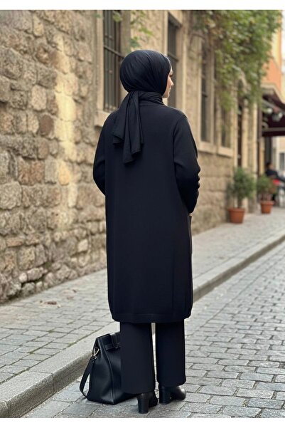 YusGos Women's Hijab Button Detailed Pocket Stone Embellished Below-Knee Double Pocket Mother Cardigan