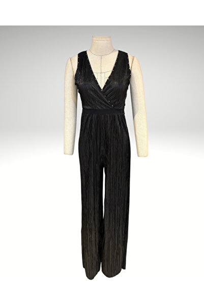 GlamarouX Pliseli Parlak Görünümlü Taş Detaylı Tulum