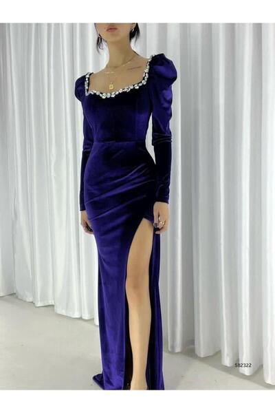 Modafeminen Flexible velvet fabric sleeve pleat front stone detailed Slit evening dress 582322 damson