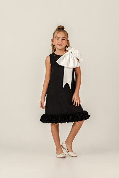 Eray Kids Eteği Fırfırlı Fiyonk Detaylı Kolsuz Siyah Kız Çocuk Özel Gün Abiye Elbise (9-10-11-12 Yaş)