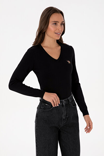 U.S. Polo Assn. Women's Black V-Neck Basic Sweater 50307727-Vr046