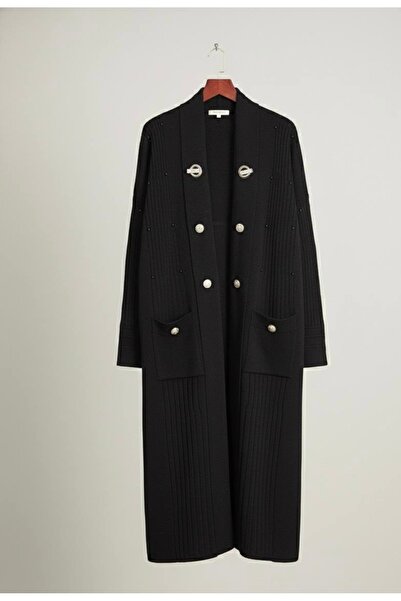 YusGos Women's Hijab Pocket and Collar Button Detailed Double Pocket Mother Cardigan