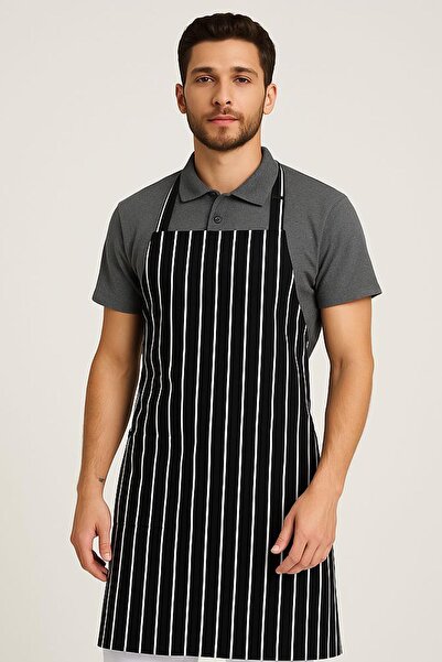 Netto İş Elbiseleri Italian Black and White Striped Apron with Pockets and St...