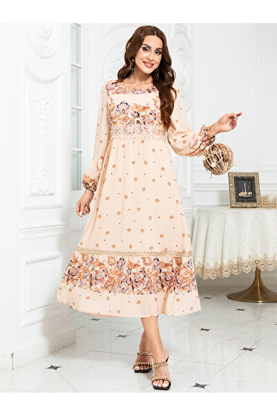 FridayIn Classical Round neck Starry sky Flowers Sequins Embroidery lace Lining Puff sleeve Mid Dresses