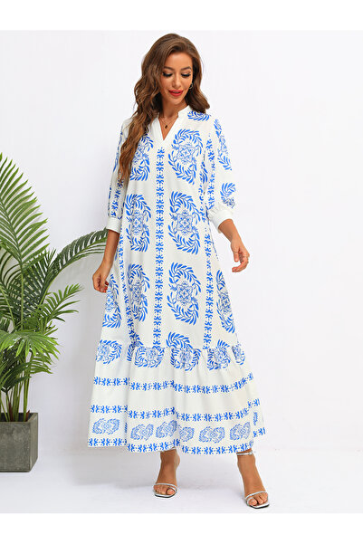 FridayIn Female Dignified style V-neck Flowers Loose Long dress