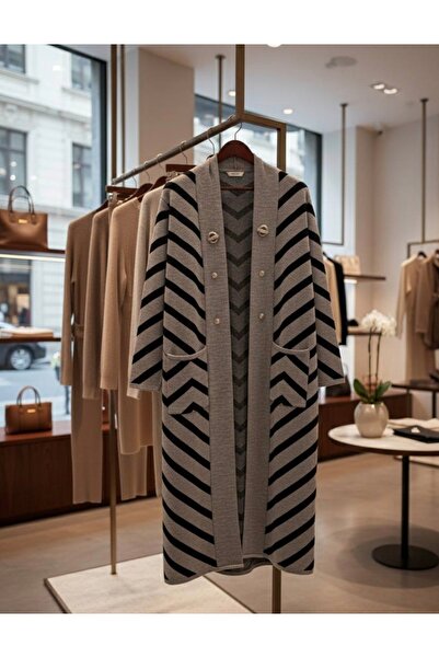 YusGos Women's Hijab Button Detailed Long Striped Cardigan