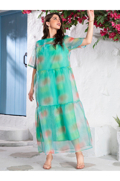 FridayIn فستان طويل بأكمام عادية ورقبة دائرية وبطانة متدرجة وصبغة التعادل