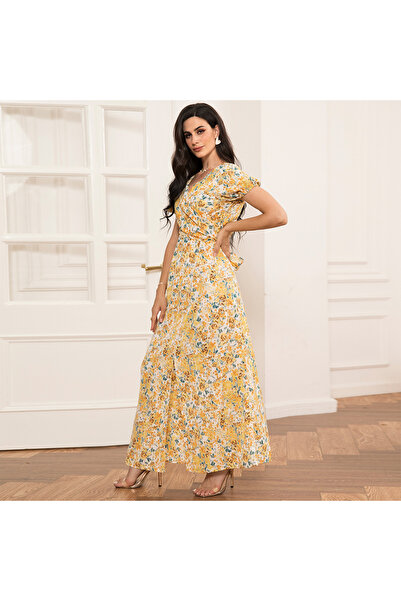 FridayIn Elegant style V-neck Flowers Bandage Puff sleeve Long Dresses
