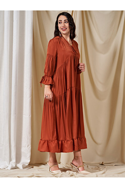 FridayIn Sweet V-neck Solid color Splicing Bandage Princess sleeves Long Dresses