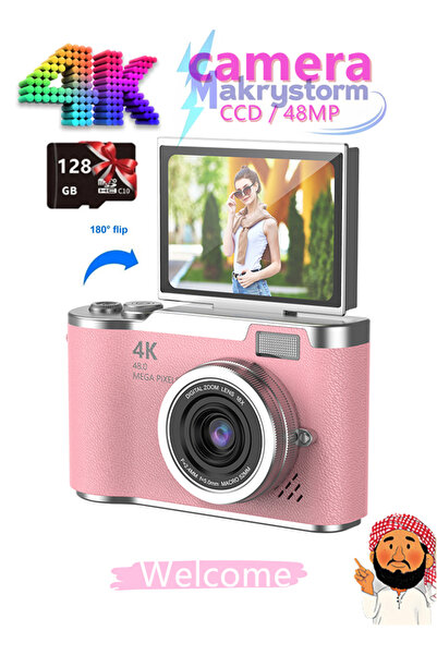 Makrystorm 4k CCD Digital Zoom Digital Camera 48MP Camera 180° Flip Screen Selfie Camera with 128GB SD card