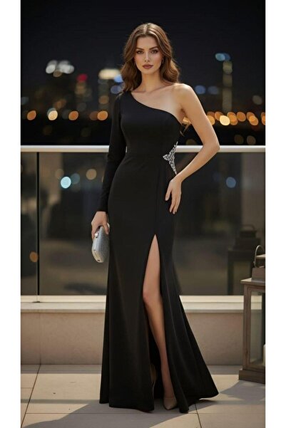 Modafeminen TEK KOL BELi İŞLEMELİ DRAPELİ ABİYE ELBİSE 583361 SİYAH