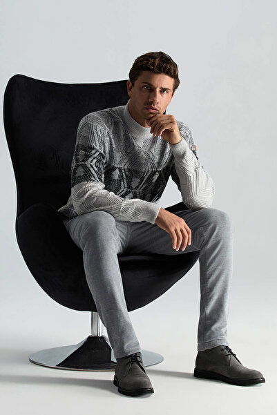 Hemington Kaşmir Yün Karışım Açık Gri Degrade Desen Lupetto Yaka Kazak