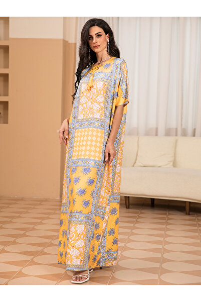 FridayIn Sweet V-neck Printing Tassel Regular sleeve Long Dresses