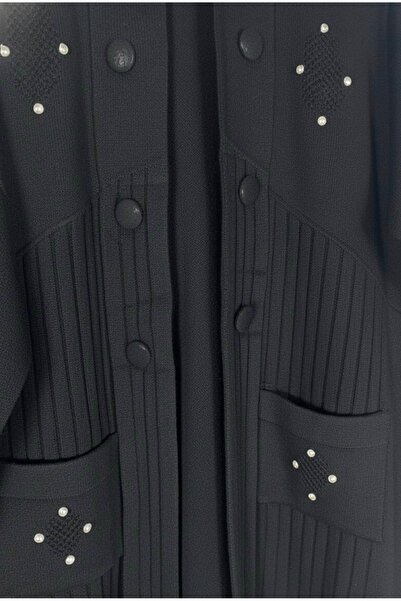 YusGos Women's Hijab Button Detailed Pocket Stone Embellished Below-Knee Double Pocket Mother Cardigan