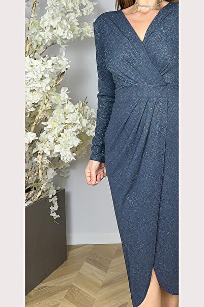 gesmoda G1632 Drape Detailed Glitter Evening Dress Gray