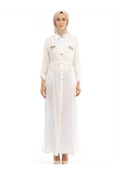 PUREVA 4023 GÖMLEK YAKA ÖNÜ CEP GÖRÜNÜMLÜ BELİ BAĞLAMALI CEPLERİ TAŞ DETAYLI ...