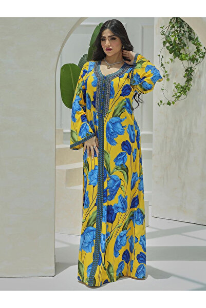 FridayIn Elegant style Sweet V-neck Color contrast Printing Ribbon Flared sleeve Kaftan