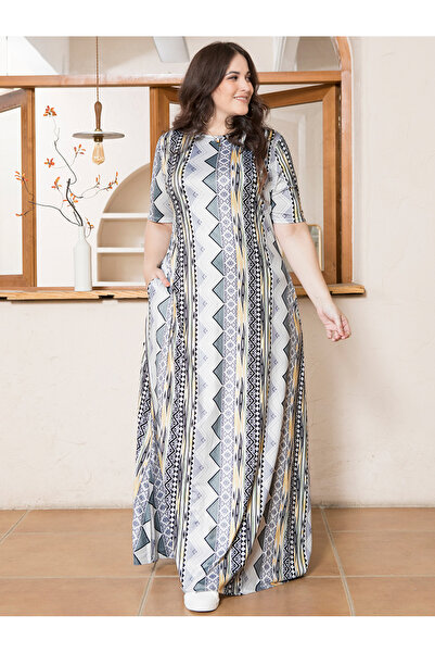 FridayIn Elegant style Round neck Color contrast Printing Irregular Regular sleeve Plus Size Dresses