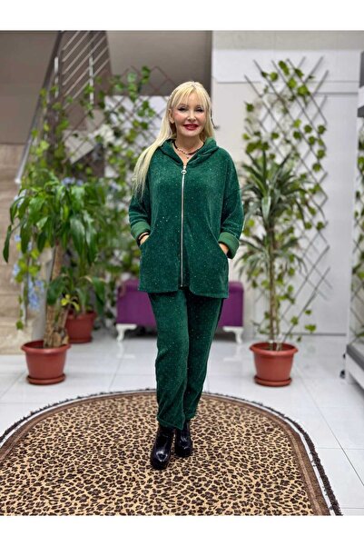 Punta Otantik Nc25195 Zippered Hooded Stone Italian Velvet Suit Bitter Green