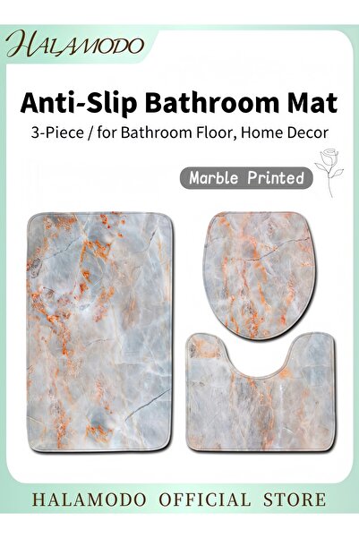 HALAMODO 3-Piece Marble Bathroom Rug Set Non Slip Bath Mat U Shaped Contour Toilet Mat & Lid Cover