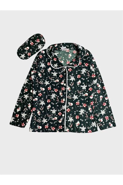 ALİŞ KİDS Girl's Cotton Green Suede Fabric Candy Snowman Christmas Pattern Shirt Collar Winter Pajama Set