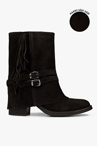 Shoeberry Women's Inferno Bitter Brown Genuine Suede Leather Tasseled Boots