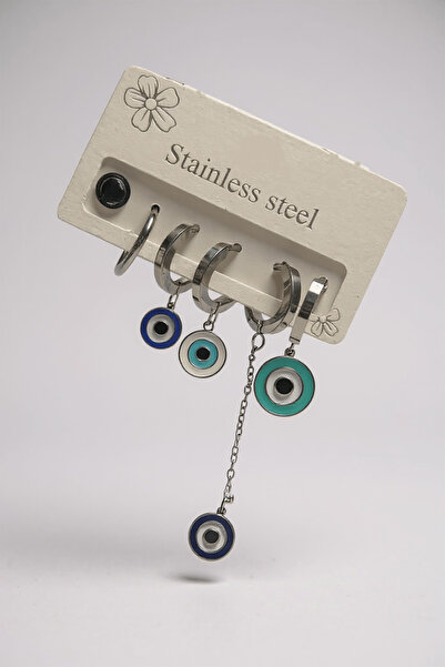 TAKIŞTIR مجموعة من 6 أقراط دائرية من الفولاذ على شكل خرز العين الشريرة باللون...