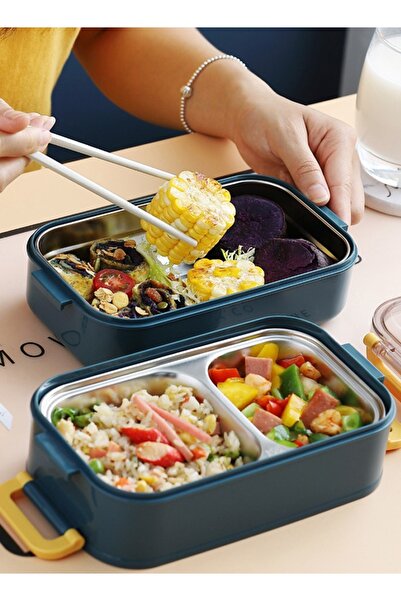 HALAMODO 304 Stainless Steel Double Layer Lunch Box with Handle and 3-Grid Bento Box for Adults Kids 1600ML