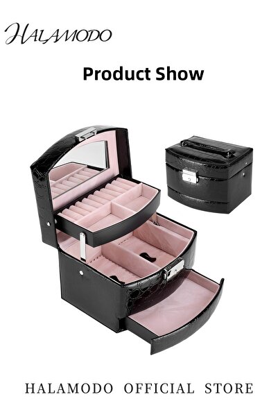 HALAMODO Women's High-End Leather Jewelry Box Equipped with Built-in Mirror Three Layer Jewelry Carrying Case