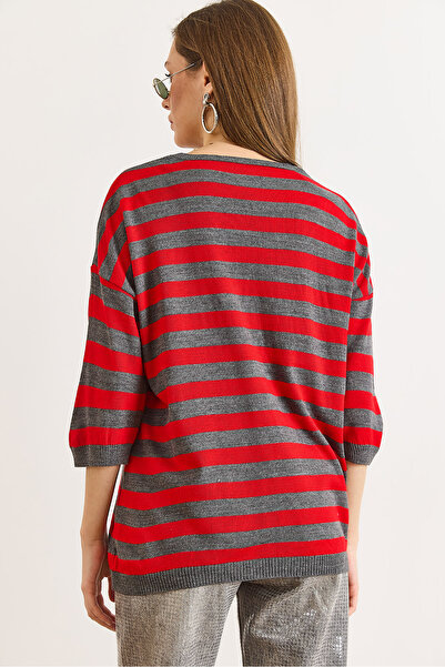 Olalook Women's Anthracite V-Neck Striped Short Sleeve Knit Blouse Blz-19002837