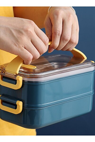 HALAMODO 304 Stainless Steel Double Layer Lunch Box with Handle and 3-Grid Bento Box for Adults Kids 1600ML