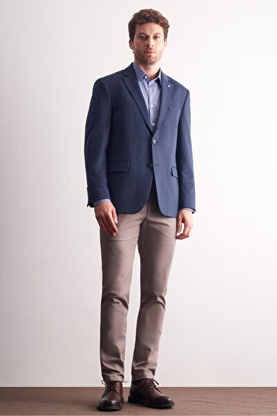 İmza Navy Blue Mono Collar Self-Patterned Cotton 4 Drop Comfort Fit Classic Jacket 1002255158